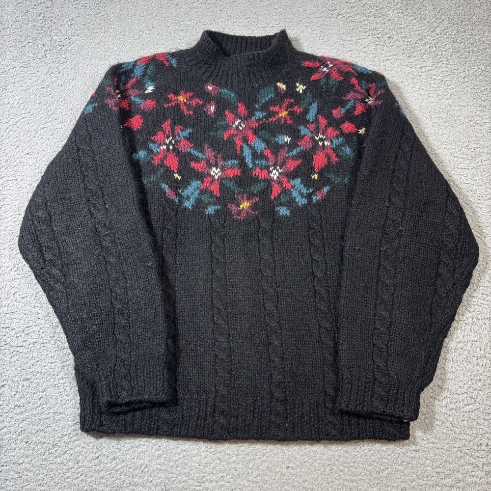 VTG LL Bean Sweater Women's M Black Mohair Wool Floral Yoke Pullover 80s Mock - Picture 1 of 6